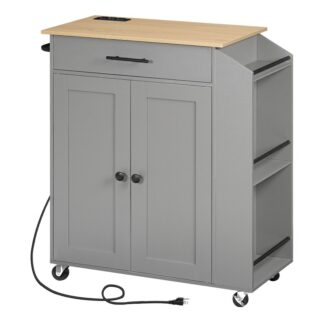 Gray and Natural Kitchen Island with Power Outlet, Kitchen Storage Island with Spice Rack and Drawer, Rolling Kitchen Cart on Wheels, for Home, Kitchen and Dining Room