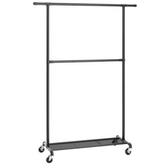 стойка для одежды, Двойная стойка для одежды для висящей одежды, Сталка для одежды с колесом, металлическая рама, регулируемый средний стержень, тяжелый коммерческий дисплей, черный