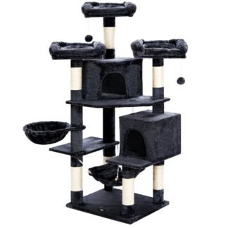 شجرة الشقة القط الطويل, شجرة نشاط القط متعددة المستويات مع 2 الشقق الفخمة, وظائف الخدش السيزال, أرجوحة, سلة للقط الكبيرة, برج قط مستقر مع طقم مضاد للمعالجة, دخان رمادي