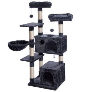 macska torony, 57 hüvelykes macskafa 2 plüss lakások és szizális karcolóoszlop, Macskabútor a cica és a háziállat számára, Engedje el a macska természetét, stabil ház, toplopling, füstös szürke
