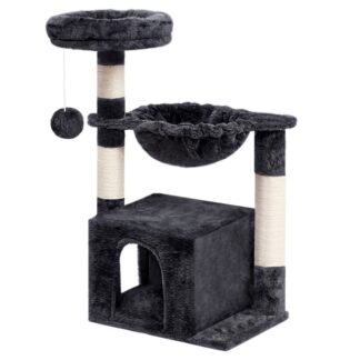 small cat tree tower with luxury condo, basket hammock for indoor kittens with scratching posts, kittens pet activity tree play house furniture, toy furball on top, stable and firm
