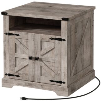 Конечный стол Farmhouse с зарядной станцией, 60cm Large End Table for Living Room, Стол с боковым набором дивана с дверью сараем, Wooden Square Nightstand Bedside Table with Flip Top, Серый