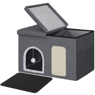 حاوية صندوق فضلات القطط, أثاث صندوق فضلات القطط مع لوح خدش, أثاث صندوق الفضلات المخفي مع غطاء قابل للطي ولعبة للقطط, ضد للماء, تجميع سهل, رمادي