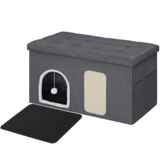 حاوية صندوق فضلات القطط, 35.4" حاوية صندوق الفضلات المخفية, أثاث صندوق فضلات القطط مع بساط القطط, تتضمن لوح الخدش ولعبة القطط, ضد للماء, تجميع سهل, رمادي