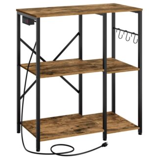 Bakers Rack with Power Outlet, 3-Tier Microwave Stand, Multifunctional Coffee Bar, Kitchen Storage Rack with Hooks, for Kitchen, Dining Room, Living Room, Rustic Brown and Black