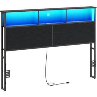 Изголовье королевского размера, Изголовье с 2 Зарядная станция, Светодиодные огни, Тип-А и Тип С, Промышленное изголовье с хранением, Регулируемая высота, Черный