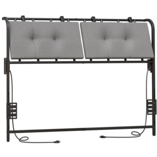 изголовье королевского размера, Обитое изголовье с 2 зарядные станции, металлическая структура рамы, Регулируемая льняная обивка с крепежкой ремней, адаптер каркаса кровати включен, черный и серый