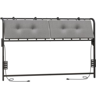 king size headboard, upholstered headboard with 2 charging stations, metal frame structure, adjustable linen upholstery with strap fastener, bed frame adapter included, black and grey