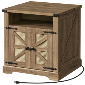 طاولة نهاية المزرعة مع محطة الشحن, فليب أعلى طاولة نهاية كبيرة, 24" طاولة جانبية أريكة كبيرة مع باب حظيرة الروطان, مربعة منضدة مع تخزين مفتوح, لغرفة المعيشة, تان براون