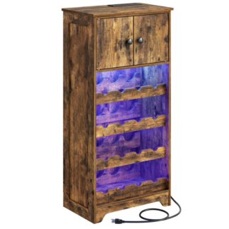 خزانة بوفيه جانبية مع مخرج طاقة, خزانة تخزين طويلة مع أضواء LED, خزانة ضيقة مع مساحة تخزين, لغرفة المعيشة, ريفي براون