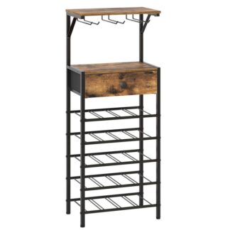 Винная башня отдельно стоящий этаж, 20-Шкаф для бутылочного бара, 5-Ярусная стойка для хранения вина, с держателями для бокалов, Ящик для нетканого материала, для столовой, Гостиная, Деревенский коричневый и черный