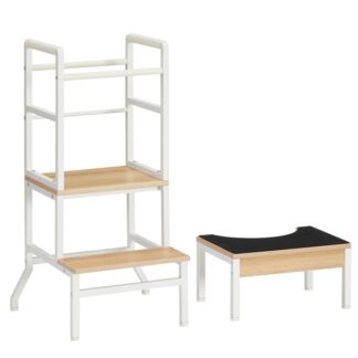 kids kitchen step stool with safety rail and toilet stool, 2-in-1 toddler kitchen stool standing tower and step stool for kids, toddler learning helper for 18+ month, natural