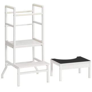 Kids Kitchen Step Stool with Safety Rail and Toilet Stool, 2-in-1 Toddler Kitchen Stool Standing Tower and Step Stool for Kids, Toddler Learning Helper for 18+ Month, White