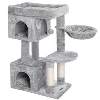 macska torony, macskafa 2 plüss lakások és szizális karcolási oszlopok, Macska aktivitási fa beltéri macskákhoz, Engedje el a macskák természetét, stabil ház, toplopling, világosszürke