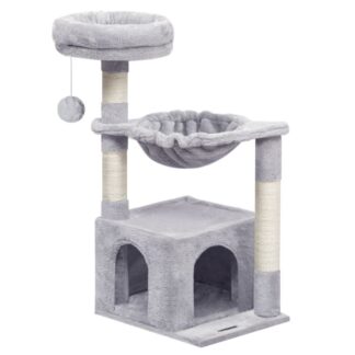Small Cat Tree Tower with Luxury Condo, Basket Hammock for Indoor Kittens with Scratching Posts, Kittens Pet Activity Tree, Light Gray