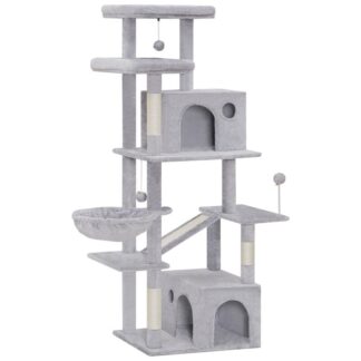 شجرة القطط للقطط الداخلية, 65.4 بوصة شجرة القط طويل القامة, برج القطط الكبير للقطط البالغة, شقة متعددة المستويات للقطط مع أعمدة خدش للقطط, 2 مجاثم واسعة, 2 بيوت شجرة القطط, رمادي فاتح