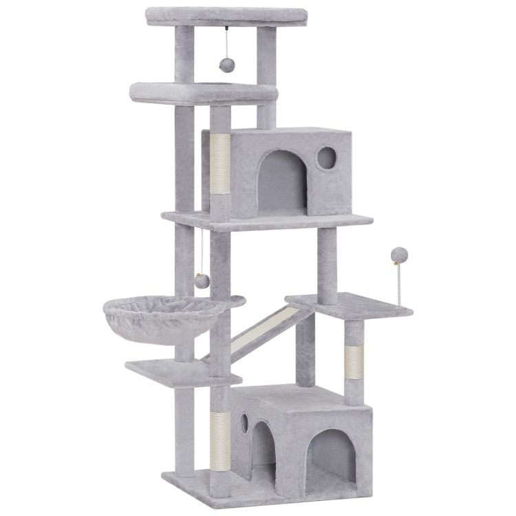 Kissapuu sisäkissoille, 65.4 Tuumaa pitkä kissapuu, Suuri kissatorni aikuisille kissoille, Monitasoinen kissan huoneisto kissan naarmuuntumisviesteillä, 2 Leveät ahvenet, 2 Kissapuita, Vaaleanharmaa