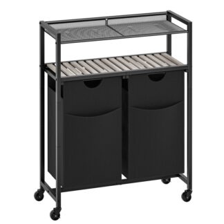 Cestinato a doppio lavanderia con scaffale, Selezionatore di biancheria con 2 Sacchi per la biancheria estraibili e rimovibili, Cesto per la biancheria arrotolabile, 2 X 11.8 Gal (45l), per Lavanderia, Bagno, Greige
