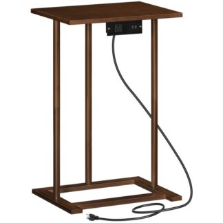 طاولة نهاية الخيزران, طاولة جانبية على شكل C, طاولة أريكة مع محطة شحن, طاولة وجبة خفيفة صغيرة, 1 منفذ AC و 2 منافذ يو اس بي, تجميع سهل, لغرفة المعيشة, غرفة نوم, يذاكر, موكا