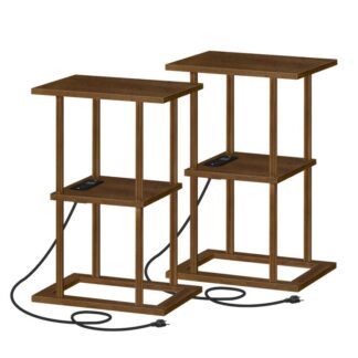Set von 2 Beistelltische aus Bambus mit Ladestation, 2-Kleine Etagen-Beistelltische mit Ablageflächen, Nachttische aus Bambus, Einfache Montage, für Wohnzimmer, Schlafzimmer, Büro, Mokka