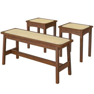 Dining Benches, Bamboo Rattan Dining Table Benches of 3 with Faux Rattan Weaving Design, Bohemian Dining Room Bench, End Bed Benches, for Kitchen, Entrance, Corridor, Mocha