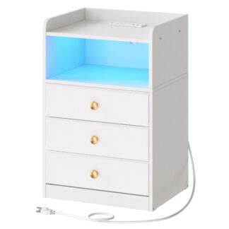 Nachttisch mit Ladestation und LED -Licht, Endtisch mit 3 Stoffschubladen Brust, Nachttisch mit USB -Anschlüssen und Outlet, Beistelltisch für Wohnzimmer, Schlafzimmer, Weiß