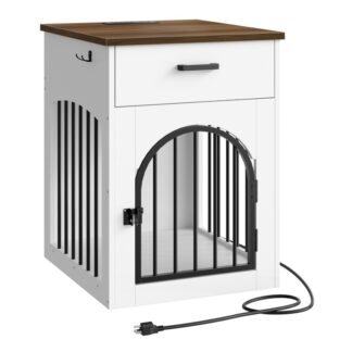 Bílý a ořechový psí bednu nábytek, Dřevěný psí dům s nabíjecí stanicí a zásuvkou úložiště, Vnitřní konec bedny pro mazlíčky pro malá plemena, pro obývací pokoj, Ložnice