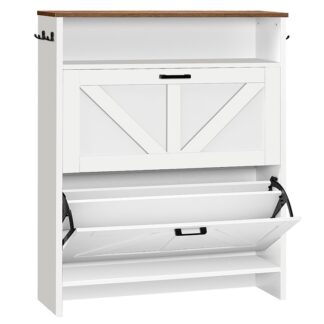 Shoe Cabinet with 2 Flip Drawers, Shoe Storage Cabinet for Entryway, Freestanding Shoe Cabinet Organizer with Hooks and Open Storage, Farmhouse Shoe Rack Cabinet, White Rustic Brown