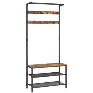 Frakke stativ, Hall træ med bænk og sko opbevaring, Entrébænk med hængestang og 8 Bevægelige kroge, Entryway Storage Organizer, Rustik brun