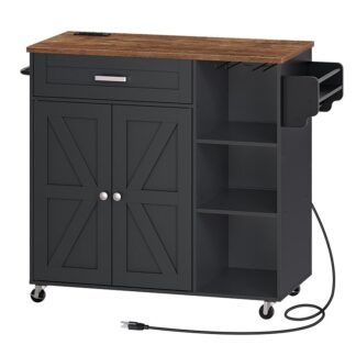 Кухонный остров, Кухонная тележка с хранением, Collling Island Cart с двойным шкафом, Мобильные острова хранения с 3 Розетки переменного тока, со специей, Черный и деревенский коричневый