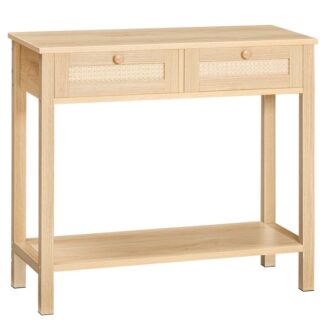 Rattan-szerű keskeny konzolasztal 2 Fiókok, 31.5-Hüvelykes kanapéasztal tárolással, Nyitott és rejtett tárolóhely, Szövött dekoráció, a folyosóra és az előcsarnokra, Természetes