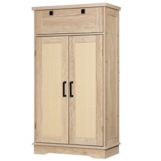 Comh -Aireachta Pantry, Comh-aireachta pantraí cistine le maisiú cosúil le rattan,Comh -aireachta stórála le tarraiceán agus seilf inchoigeartaithe, Pantry cistine stíl feirme don chistin, Seomra bia, Nádúrtha