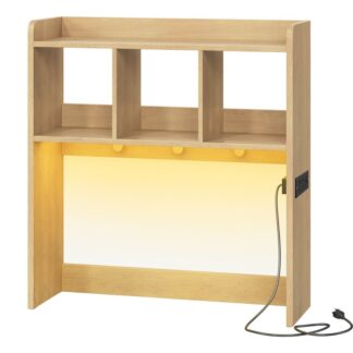 رف كتب سطح المكتب الخشبية الطبيعية, مكتب سطح المكتب, القفص المكتبي مع منافذ, خزانة مكتب سطح المكتب الخشبية, رف منظم سطح المكتب مع شريط ضوء LED و 3 خطافات, من أجل الوطن, يذاكر