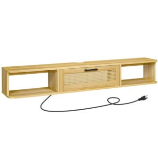 تصل التلفزيون العائم إلى التلفزيون 75 بوصة, خزانة تلفزيون مثبتة على الحائط مع 4 إبريز كهربائي, أرفف وحدة تحكم الوسائط التلفزيونية العائمة في مركز الترفيه مع باب قابل للطي من الروطان, طبيعي