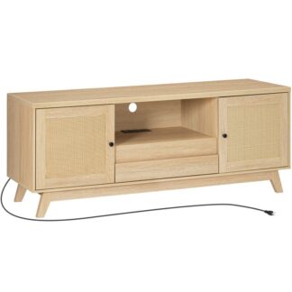 rattan tv stand for up to 65 inches tv, large boho media tv console with charging station, mid century entertainment center with drawer and adjustable shelves for living room, natural