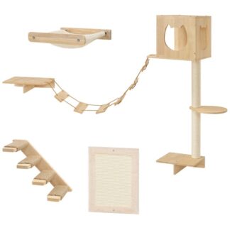 Wood Cat Wall Shelves, Set of 5 Cat Wall Furniture, Cat Corridor, Cat House, Cat Plush Hammock, Scratching Board and Cat Climbing Shelves, Sturdy, Durable and Safe, Natural