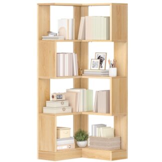 HOOBRO 5-lags hjørne bogreol, L-formet hjørne bogreol, 55.3'' Høj træreol med baffel, Fritstående displaystativ, til stuen, Hjemmekontor, Naturlig