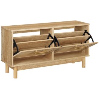 shoe storage bench for entryway, shoe bench with 2 flip drawers, shoe cabinet with faux rattan decoration, wood solid legs, for entrance, living room,
