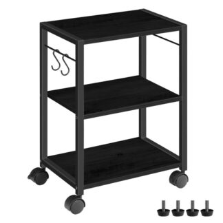 حامل الطابعة الصناعية, 3 طبقة تحت طاولة الطابعة الصغيرة مع مكتب مع 2 خطافات, عربة الطابعة على العجلات, رف رف الطابعة لمنظمة المكاتب المنزلية, أسود