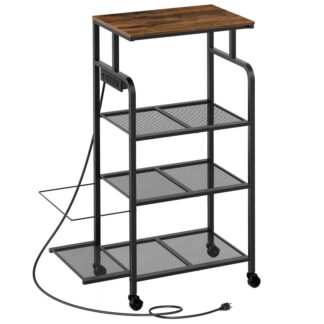 printer stand with charging station, large tall printer table with wheels for home office, 4 tier printer cart with shredder rack, shelf for printer scanner, rustic brown