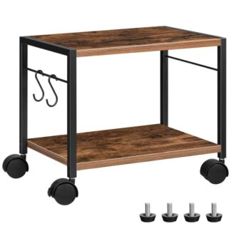 حامل الطابعة المحمولة, 2-عربة الطابعة ذات الطبقة مع مساحة تخزين, عربة تخزين تحت المكتب على عجلات و 2 خطافات, جدول الطابعة الصناعية, من أجل الوطن, مكتب, الماسح الضوئي, ريفي براون