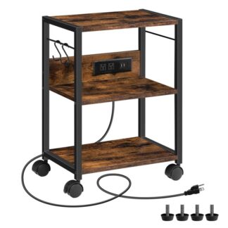 3-tier mobile printer stand, rolling cart with power outlets and usb ports, industrial printer cart, home utility storage rack with 2 hooks, for office, living room, rustic brown