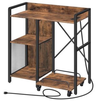 printer stand with charging station and usb ports, large 3 tier printer table with storage shelf, computer tower stand, rolling printer cart for home office, rustic brown