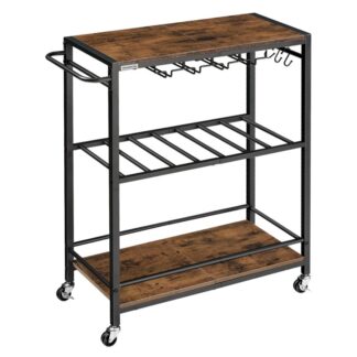 24.8" Барная тележка, Тележка для домашнего бара, 3-Ярусная кухонная тележка с винной стойкой, Держатели для стаканов, Тележка для напитков на колесах, Роликовая тележка