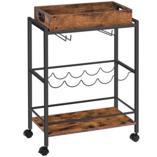 شريط عربة للمنزل, 3-عربة متداولة في المنزل مع رف النبيذ وحامل الكأس, عربة تخزين المشروبات مع صينية خشبية قابلة للإزالة, للمطبخ, غرف الطعام, حاجِز, بني ريفي