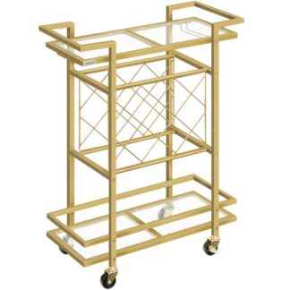 Золотая барная тележка, Home Bar Cart Cart, 3 научанная тележка с 7 винные бутылки, Стеклянные держатели, тележка с напитками на колесах для кухни, бар, столовая, гостиная, на открытом воздухе, стекло,