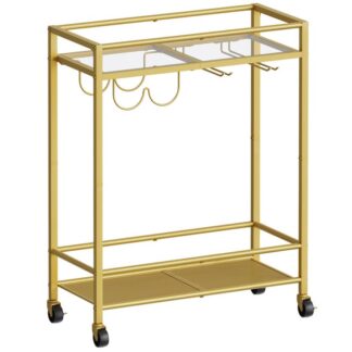 Ouro do carrinho de barra, Carrinho de servir com rack de vinho e suporte de vidro, 2-Carrinho de barra de vidro de camada sobre rodas, Carrinho de servir rolando para cozinha, sala de jantar, clube, bar, ouro