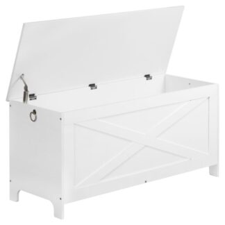 39.4" toy chest, sturdy entryway storage chest with safety hinges, retro toy box, wooden look accent furniture for living room, bedroom, white