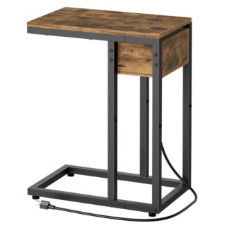 C Shaped End Table with Charging Station, C Shaped Side Table for Couch, Small End Table with Lift-Up Lid, C Table, Sofa Table for Living Room, Bedroom, Rustic Brown
