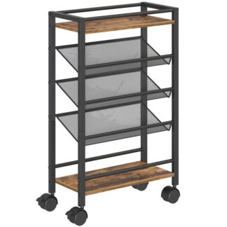 5 Tier Bookshelf, Metal Small Industrial Bookcase, Mobile Book Shelf Paper Cart with Wheels, Book Case Display Storage Shelf Organizer for Living Room, Home Office, Rustic Brown